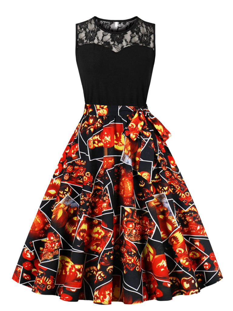 Ärmelloses 50er Halloween-Kleid mit Spitze und Bindegürtel