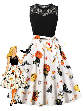 Ärmelloses 50er Halloween-Kleid mit Spitze und Bindegürtel