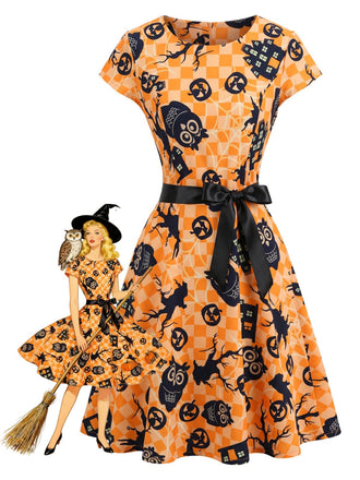 50er Halloween Swingkleid mit Kürbis- und Eulen-Print