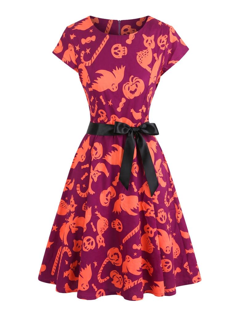 50er Halloween Swingkleid mit Kürbis- und Eulen-Print