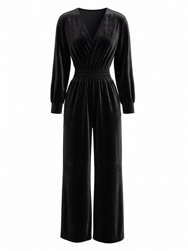 50er Samt-Jumpsuit mit V-Ausschnitt und Smok