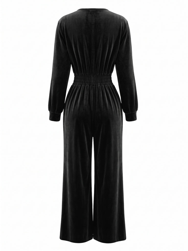 50er Samt-Jumpsuit mit V-Ausschnitt und Smok