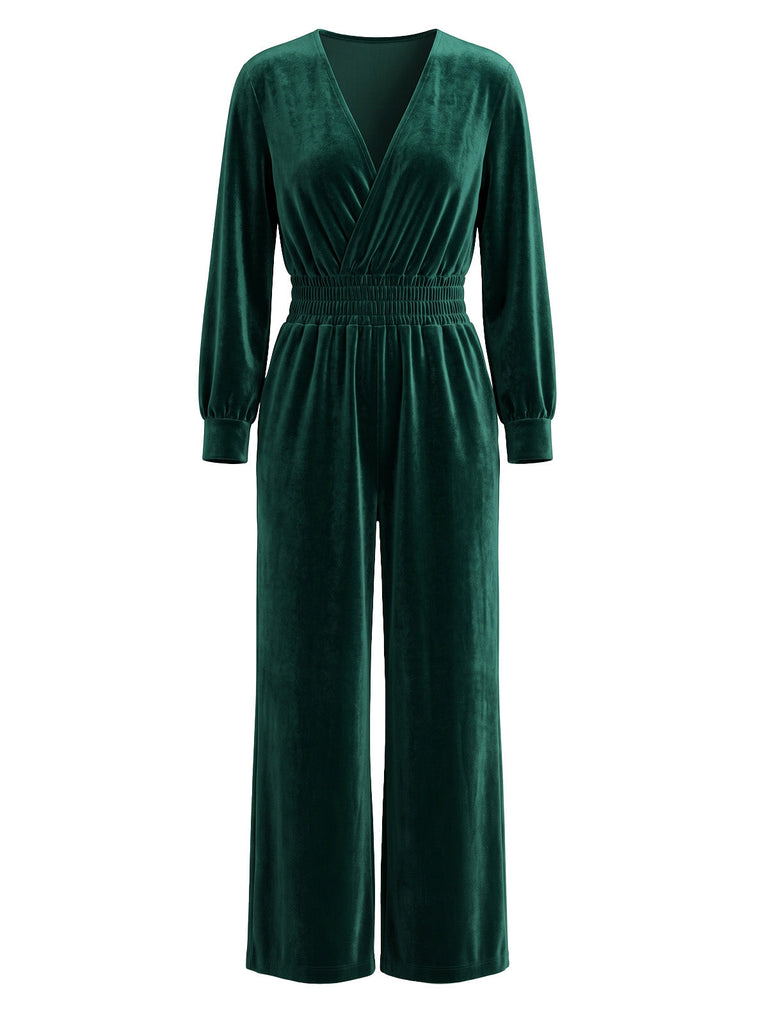 50er Samt-Jumpsuit mit V-Ausschnitt und Smok