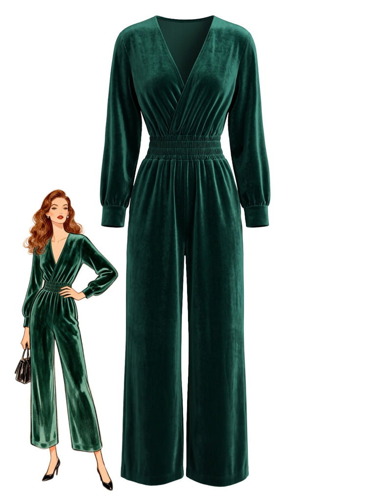 50er Samt-Jumpsuit mit V-Ausschnitt und Smok