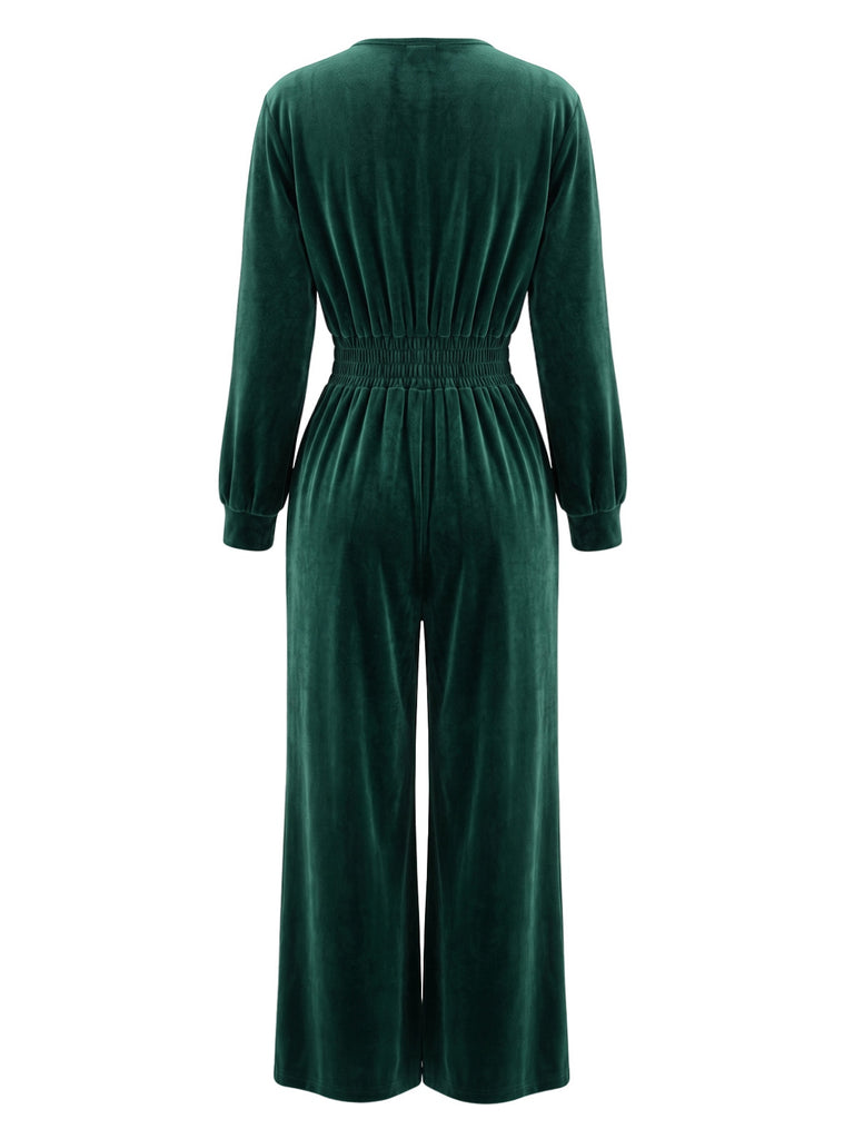 50er Samt-Jumpsuit mit V-Ausschnitt und Smok