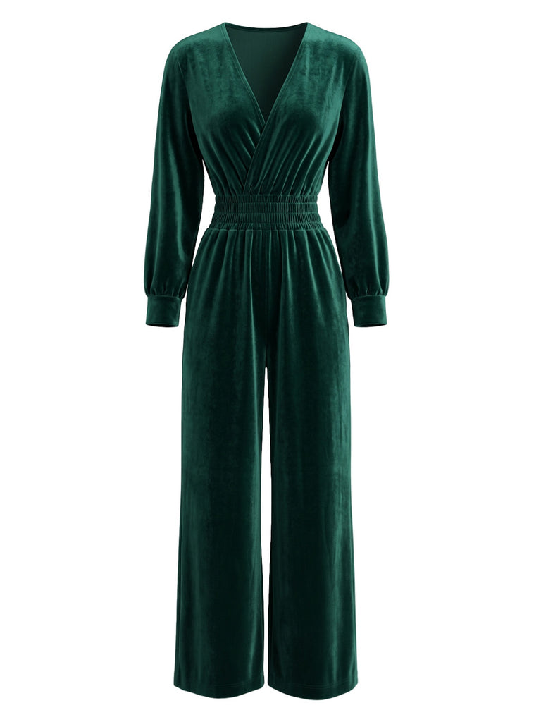 50er Samt-Jumpsuit mit V-Ausschnitt und Smok