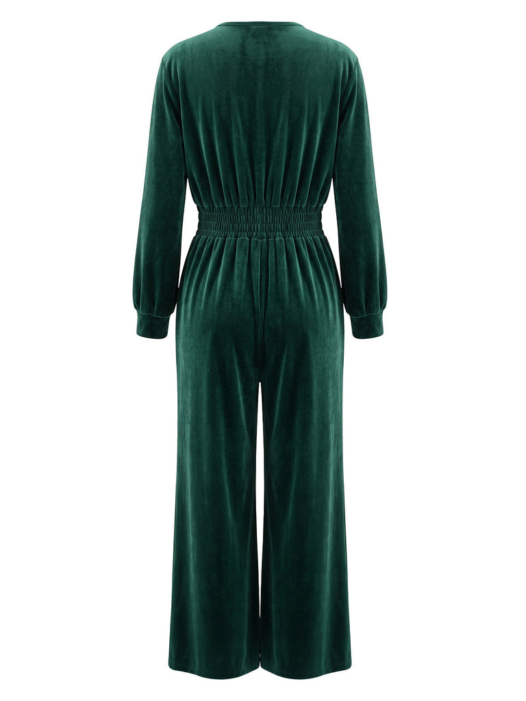 50er Samt-Jumpsuit mit V-Ausschnitt und Smok
