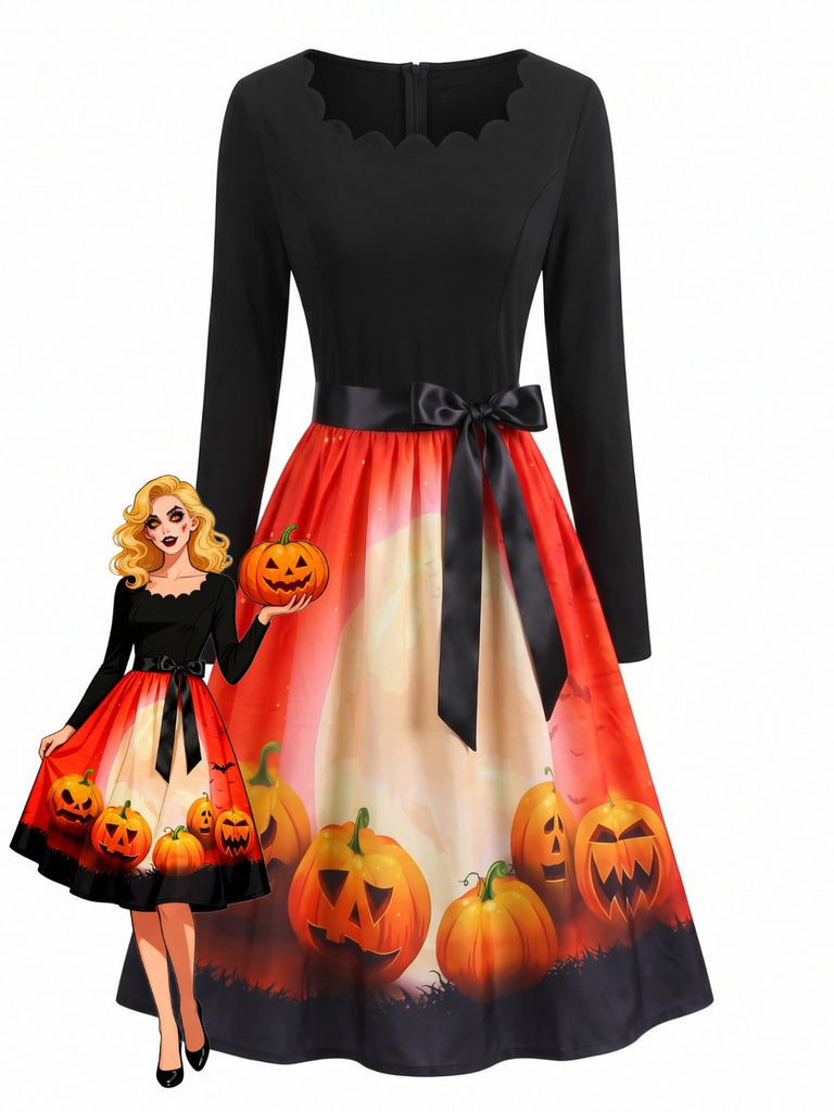 50er Halloween Swingkleid mit Kürbis-Print und Wellen-Ausschnitt