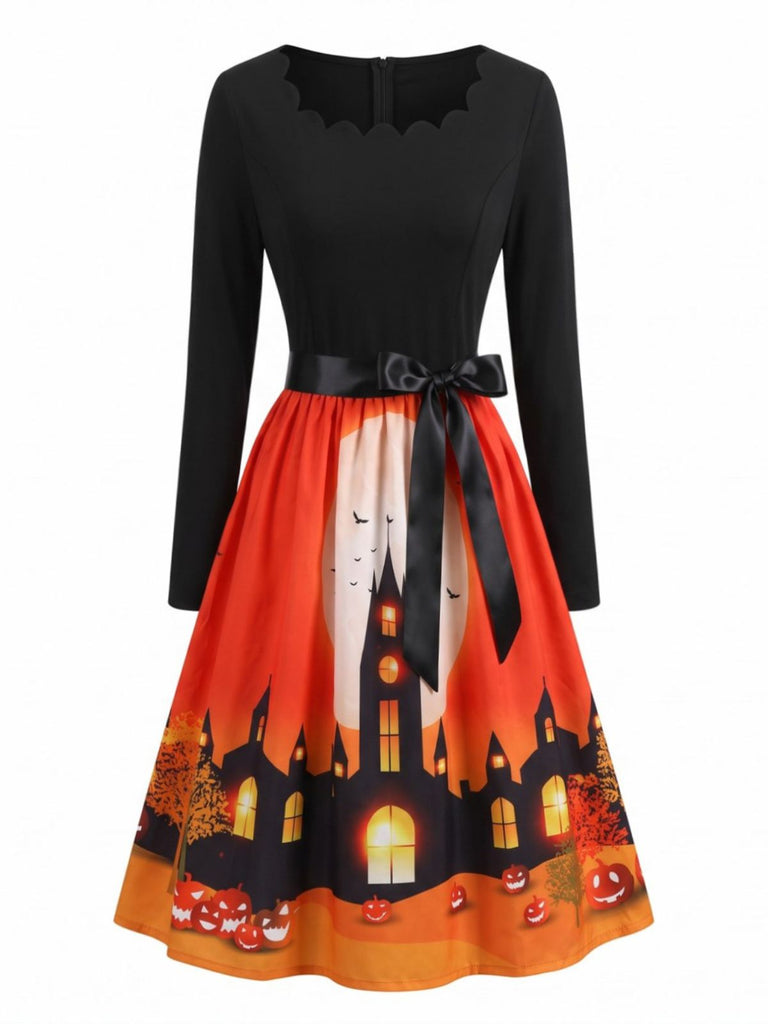 50er Halloween Swingkleid mit Kürbis-Print und Wellen-Ausschnitt