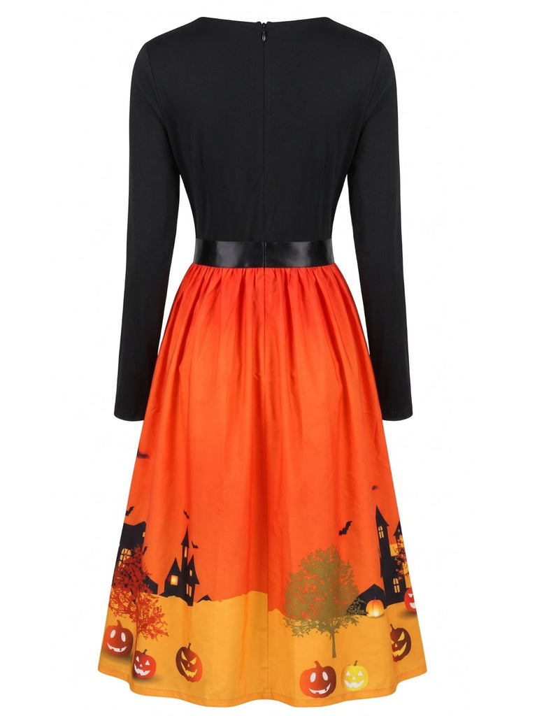 50er Halloween Swingkleid mit Kürbis-Print und Wellen-Ausschnitt