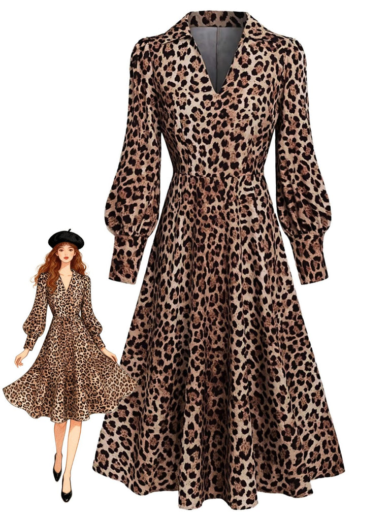 Braunes 40er Leopardenkleid mit V-Ausschnitt und Ballonärmeln