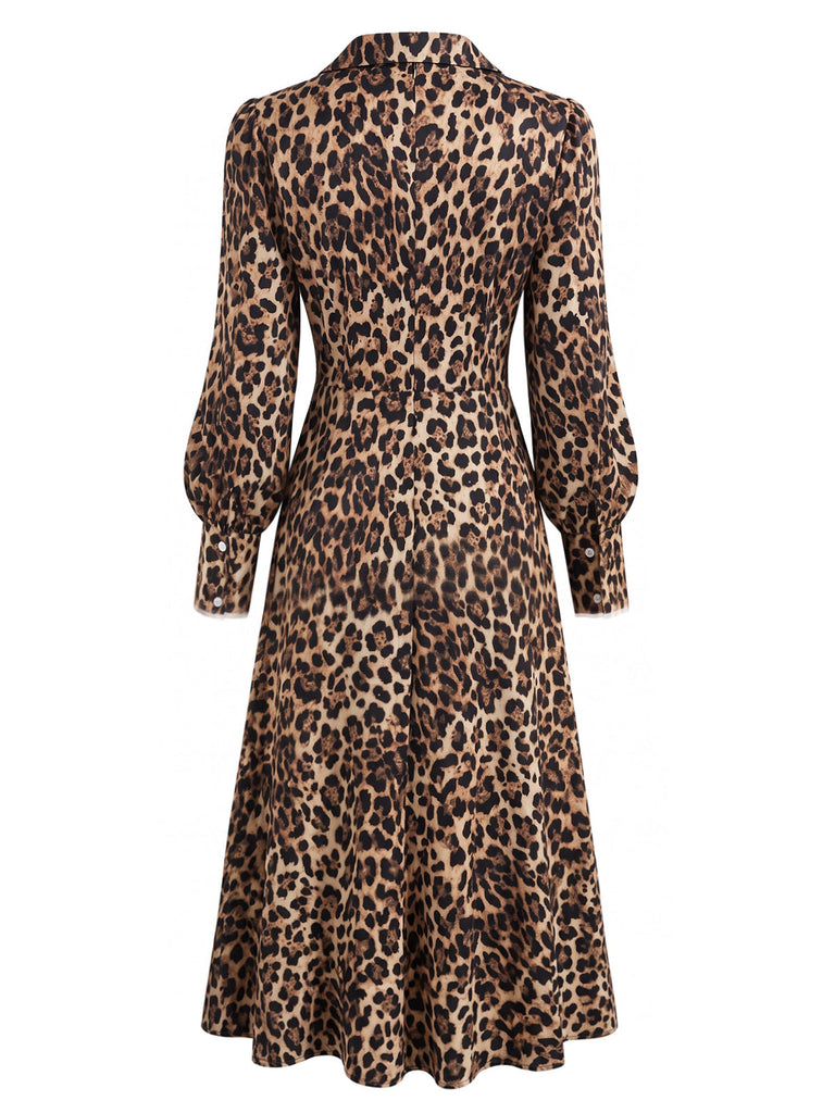 Braunes 40er Leopardenkleid mit V-Ausschnitt und Ballonärmeln