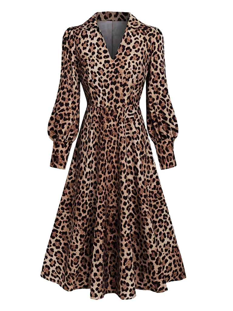 Braunes 40er Leopardenkleid mit V-Ausschnitt und Ballonärmeln