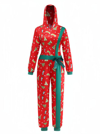 50er Weihnachts-Jumpsuit mit Tannenbaum-Print und Langarm