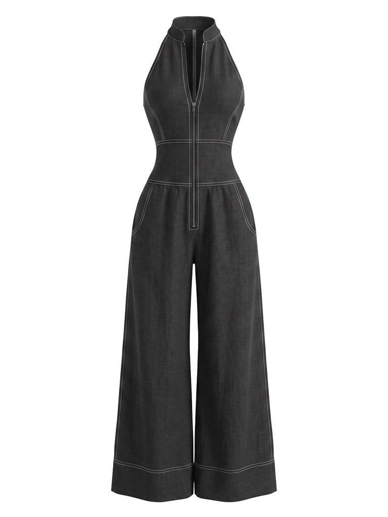 40er Jeans-Overall mit Neckholder und weitem Bein