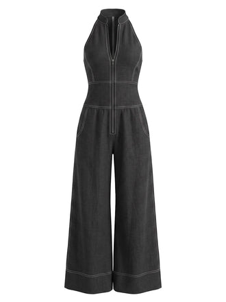 40er Jeans-Overall mit Neckholder und weitem Bein