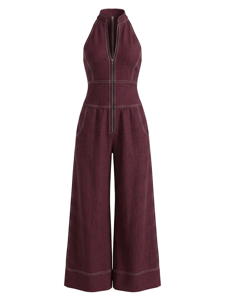 40er Jeans-Overall mit Neckholder und weitem Bein
