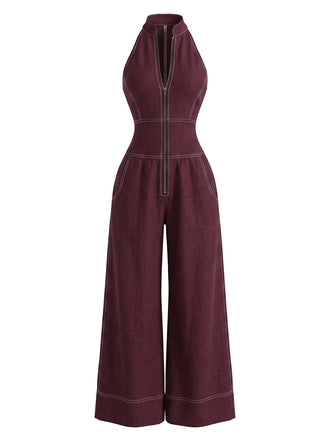40er Jeans-Overall mit Neckholder und weitem Bein