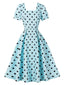 Hellblaues 50er Swingkleid mit eckigem Ausschnitt und Polka-Dots