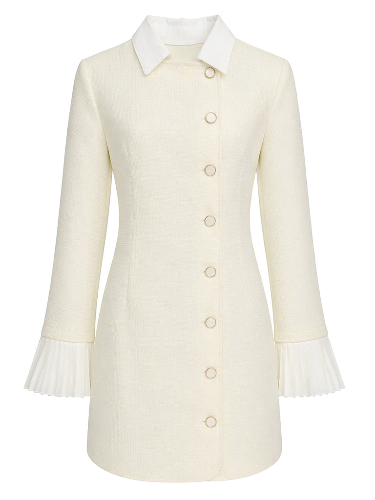 Beige 60er Minikleid mit plissierten Manschetten und Knopfleiste