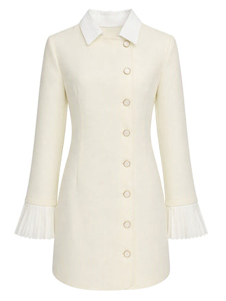 Beige 60er Minikleid mit plissierten Manschetten und Knopfleiste