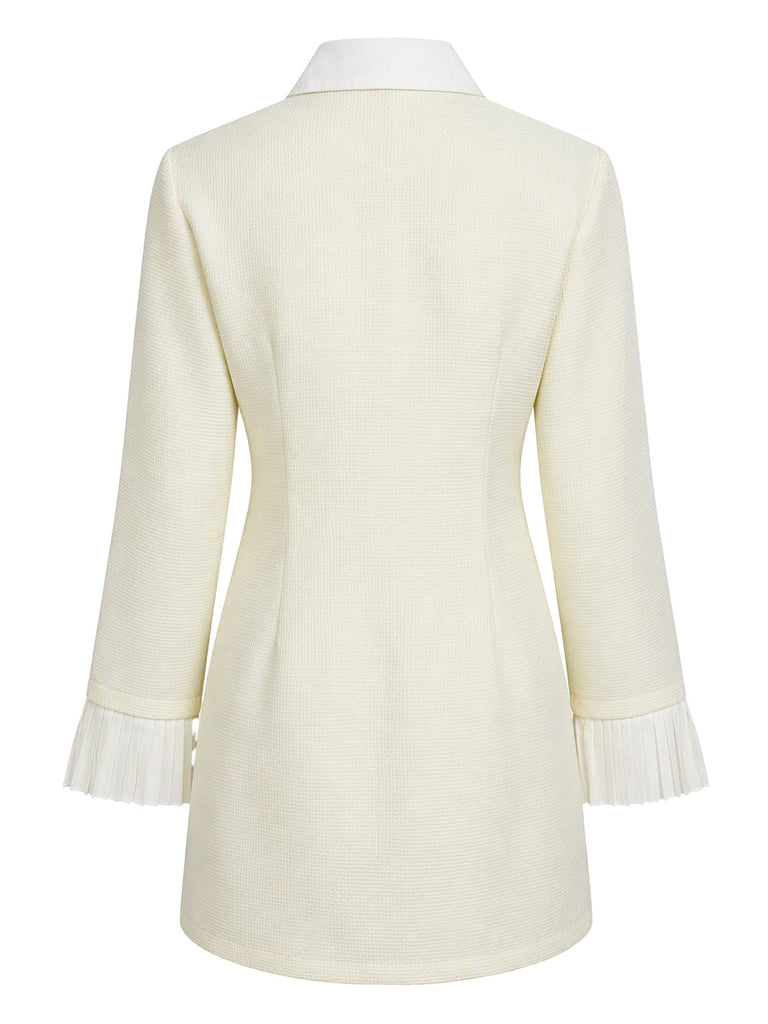 Beige 60er Minikleid mit plissierten Manschetten und Knopfleiste