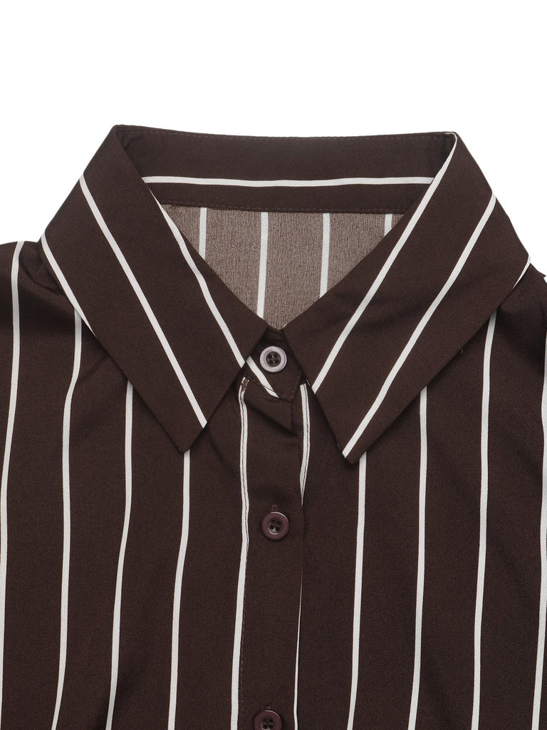 Dunkelbraunes 70er Streifen-Hemdblusenkleid mit Knöpfen und Gürtel