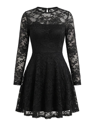 Schwarzes 60er Minikleid mit Blumen-Spitze und Langarm