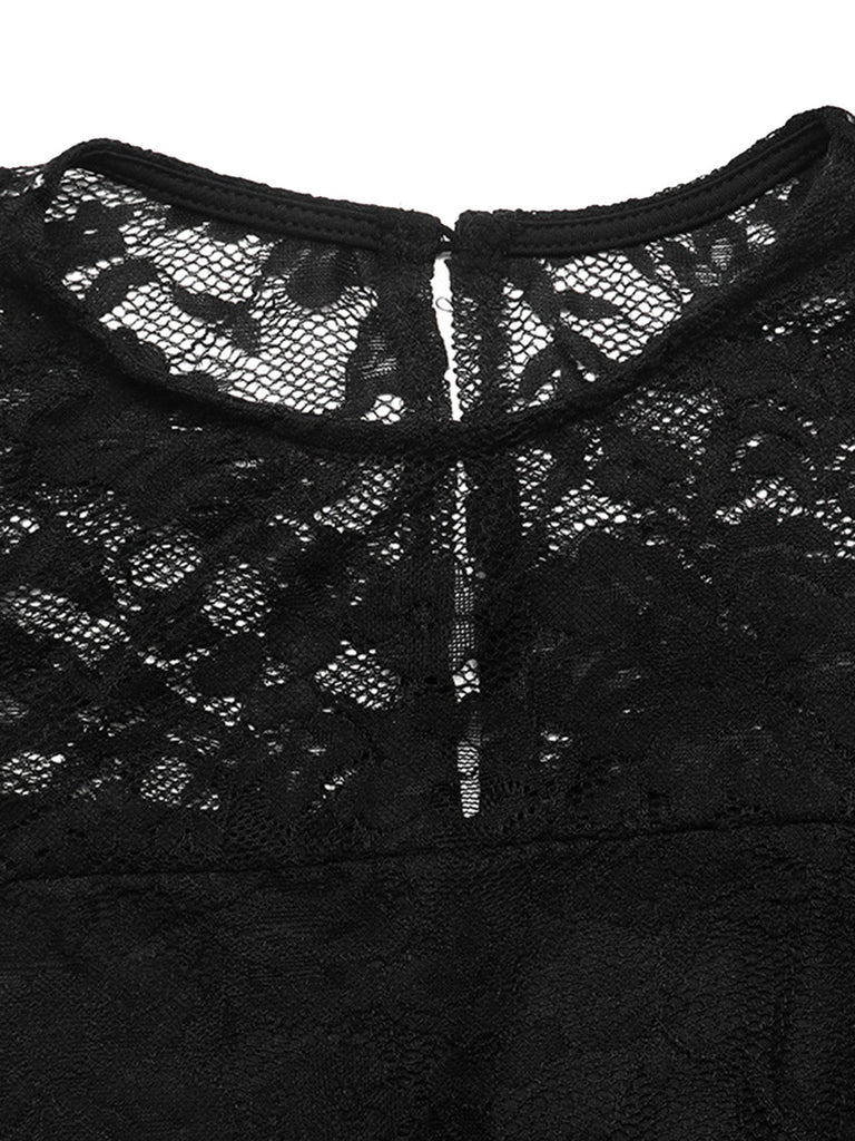 Schwarzes 60er Minikleid mit Blumen-Spitze und Langarm