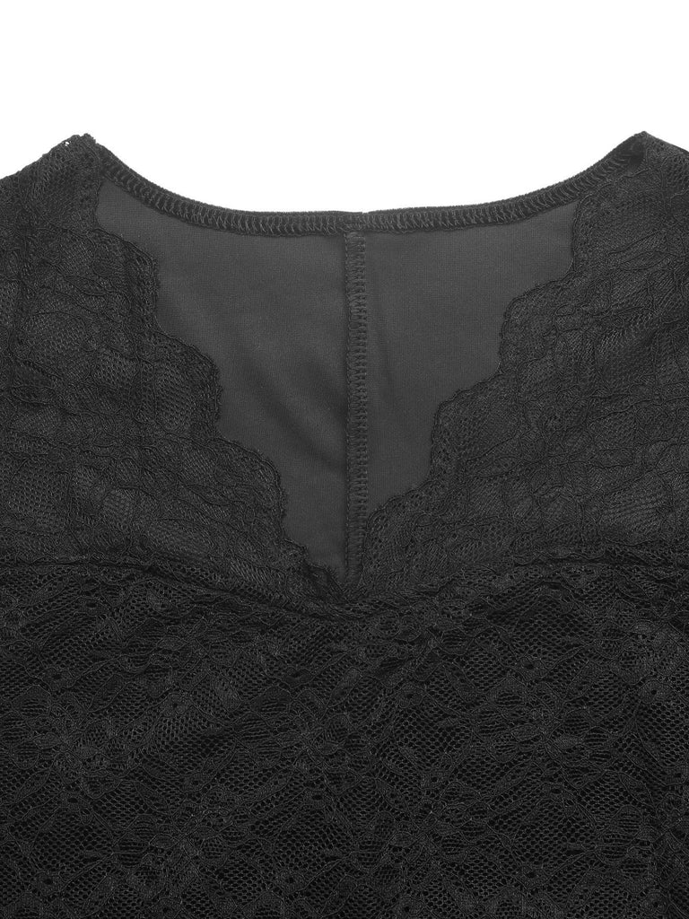 Schwarzes 30er Bleistiftkleid mit Samt und V-Ausschnitt