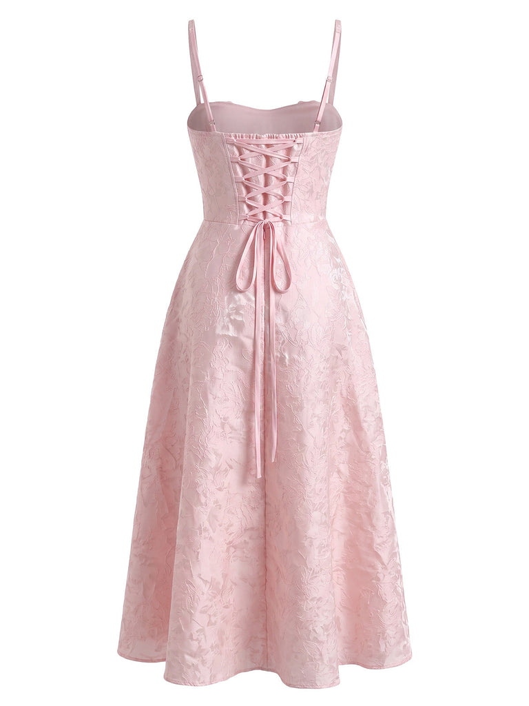 50er Jacquard-Korsettkleid mit Blumen und Spaghettiträgern
