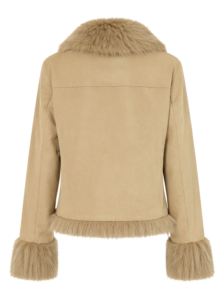 Khaki 50er Jacke mit Kunstfellbesatz und Taschen