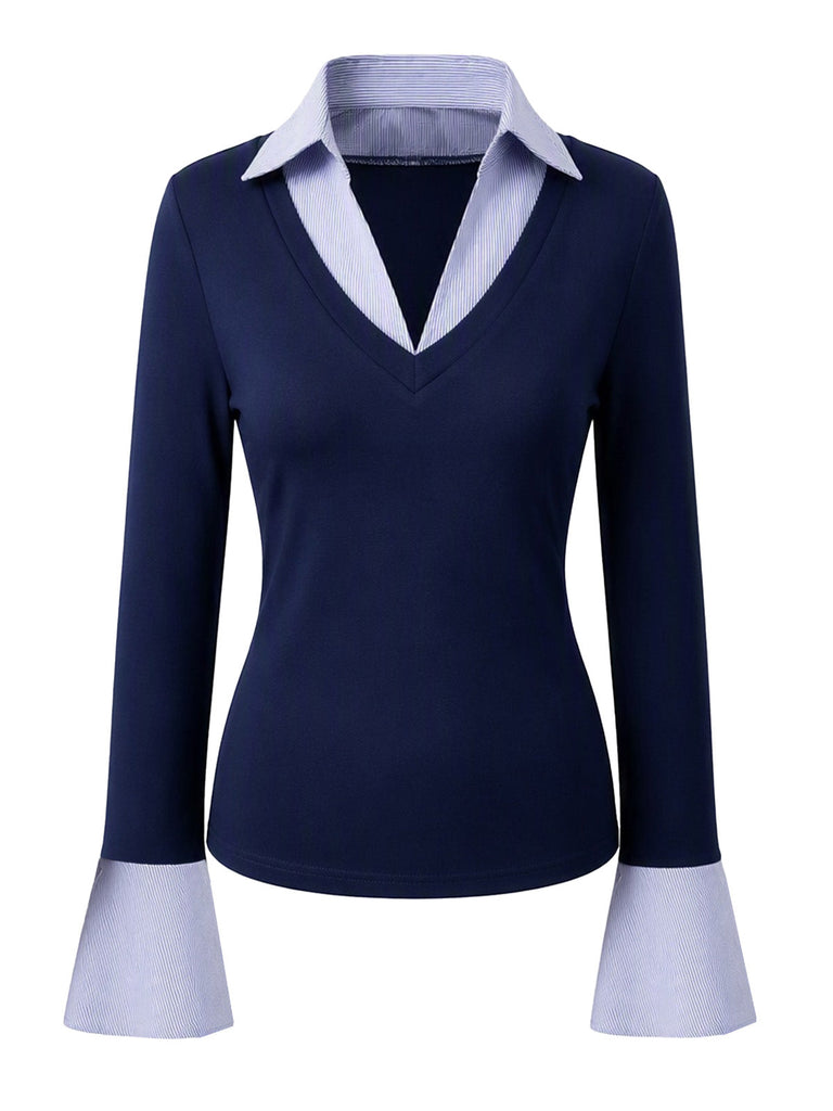Marineblaues 80er Preppy Top mit V-Ausschnitt und Glockenärmeln