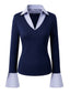 Marineblaues 80er Preppy Top mit V-Ausschnitt und Glockenärmeln