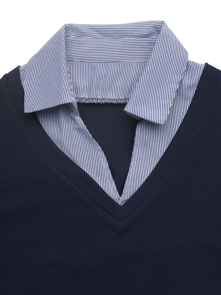 Marineblaues 80er Preppy Top mit V-Ausschnitt und Glockenärmeln