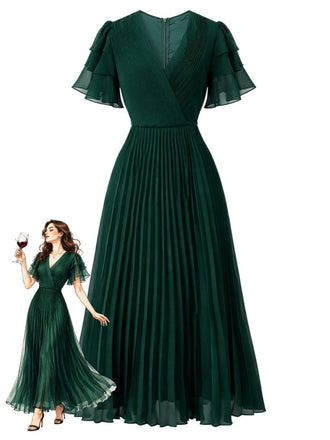 70er Plissee-Maxikleid mit gestuften Volantärmeln