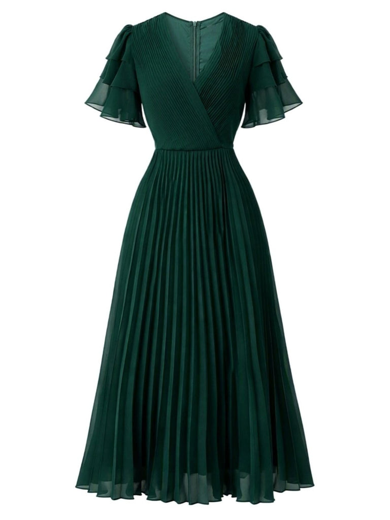 70er Plissee-Maxikleid mit gestuften Volantärmeln