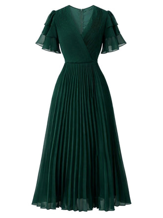 70er Plissee-Maxikleid mit gestuften Volantärmeln