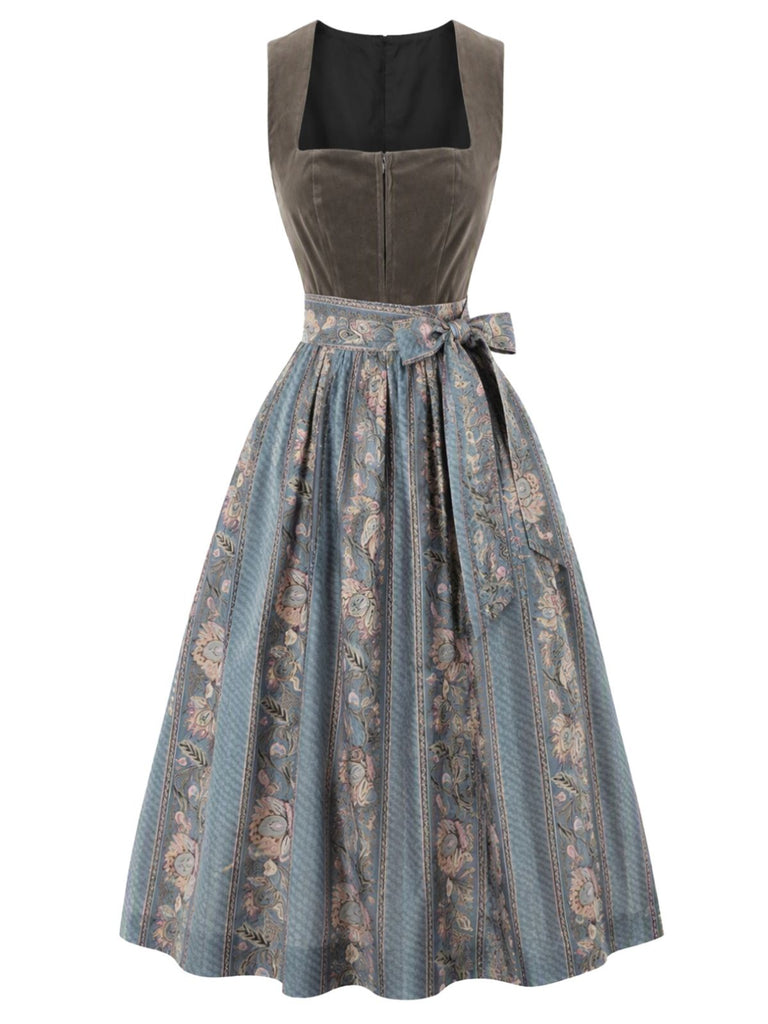 Graues 50er Kleid mit Karree-Ausschnitt und Blumenstreifen-Schürze