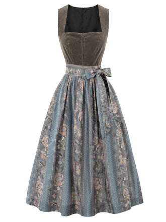 Graues 50er Kleid mit Karree-Ausschnitt und Blumenstreifen-Schürze