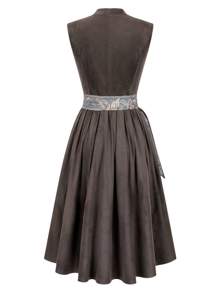 Graues 50er Kleid mit Karree-Ausschnitt und Blumenstreifen-Schürze