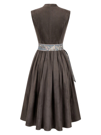 Graues 50er Kleid mit Karree-Ausschnitt und Blumenstreifen-Schürze