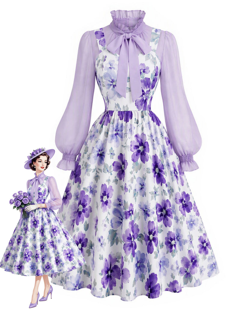 50er Set aus Bluse mit Schleifenkragen & Blumen-Trägerkleid