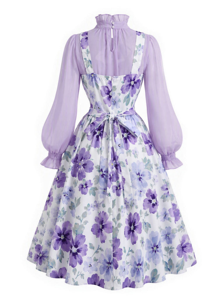 50er Set aus Bluse mit Schleifenkragen & Blumen-Trägerkleid
