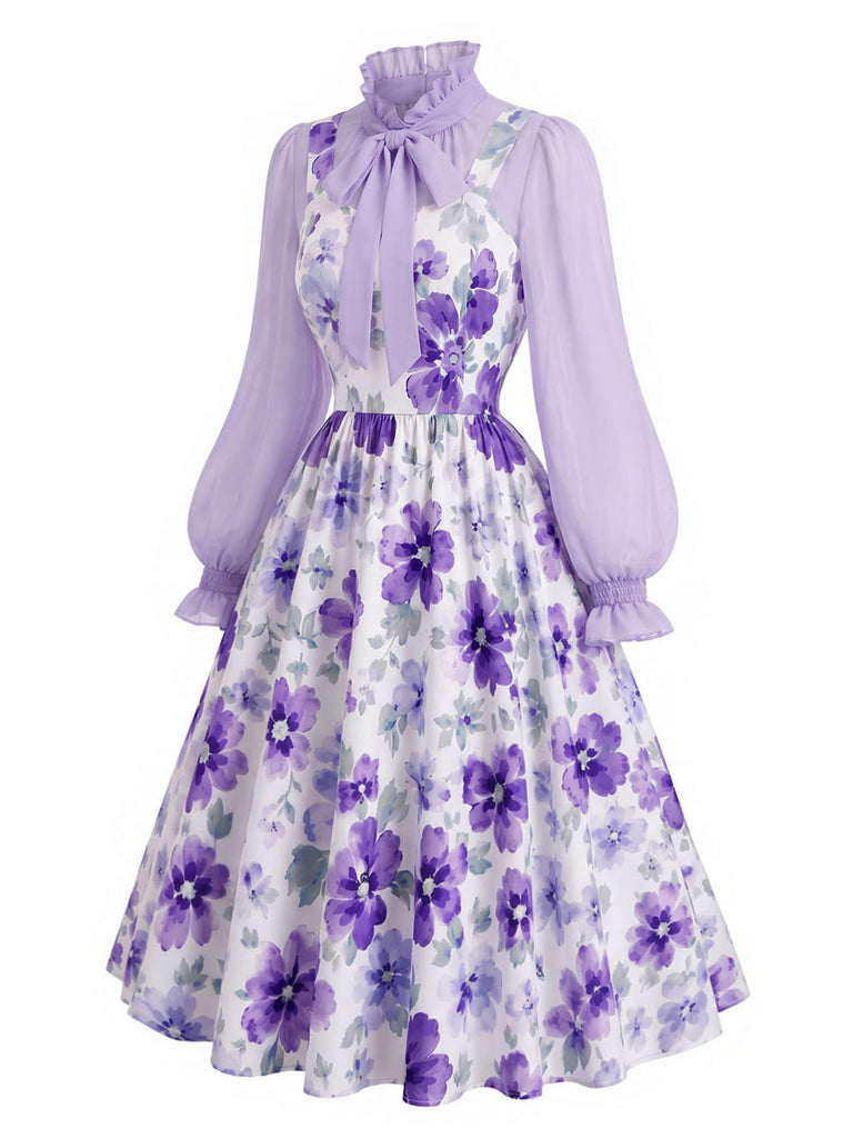 50er Set aus Bluse mit Schleifenkragen & Blumen-Trägerkleid