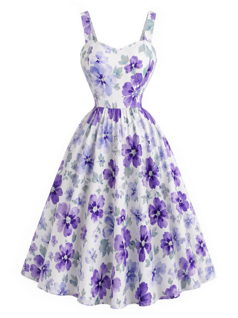 50er Träger-Swingkleid mit lavendelfarbenen Blumen