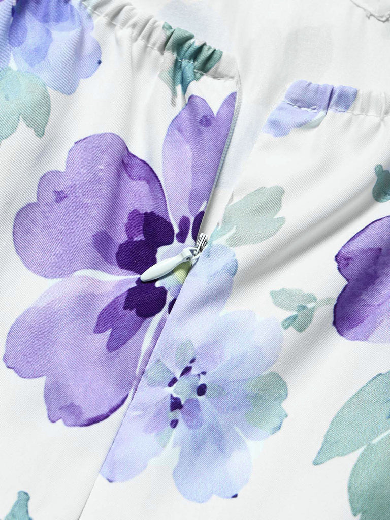 50er Set aus Bluse mit Schleifenkragen & Blumen-Trägerkleid