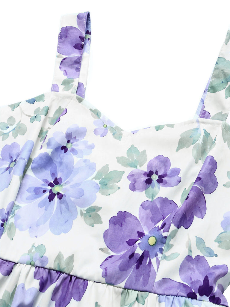 50er Set aus Bluse mit Schleifenkragen & Blumen-Trägerkleid