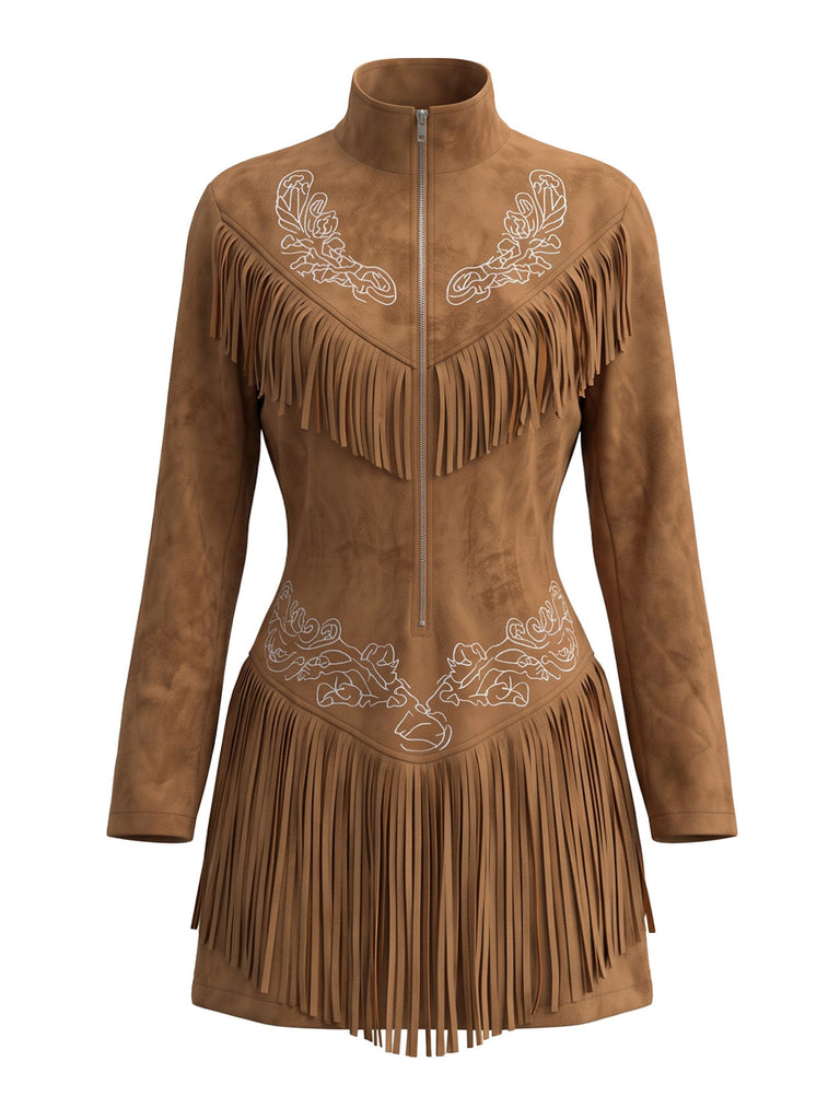 70er Western-Wildlederkleid mit Stickerei und Fransen