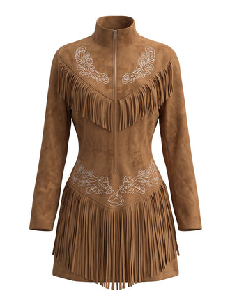 70er Western-Wildlederkleid mit Stickerei und Fransen